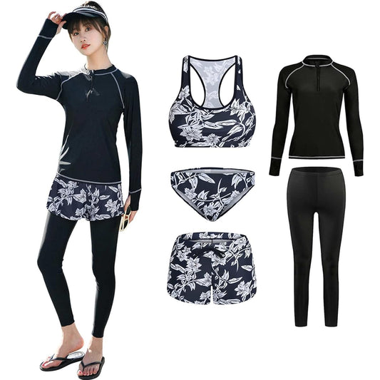 [Aptro] Women's Swimsuit, Rash Guard, Long Sleeve, Leggings, Shorts, Bra, Shorts, Zipper, Fitness Swimsuit, Body Covering, Luxurious 5-piece Set, 9044 5-piece Set L (Actually XL)