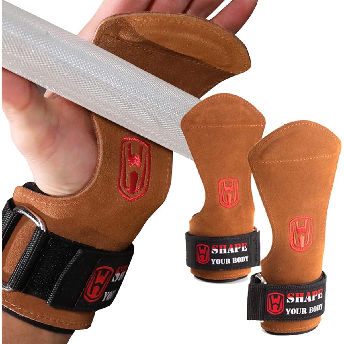 SunGoddy Power Grip Genuine Leather Muscle Training Training Gloves Anti-Slip Leather Gloves Grip Leather Wrist Cowhide Weight Wrist Fixation Protection Pull Up Fitness Sports Dumbbell Bench Press Barbell Supporter