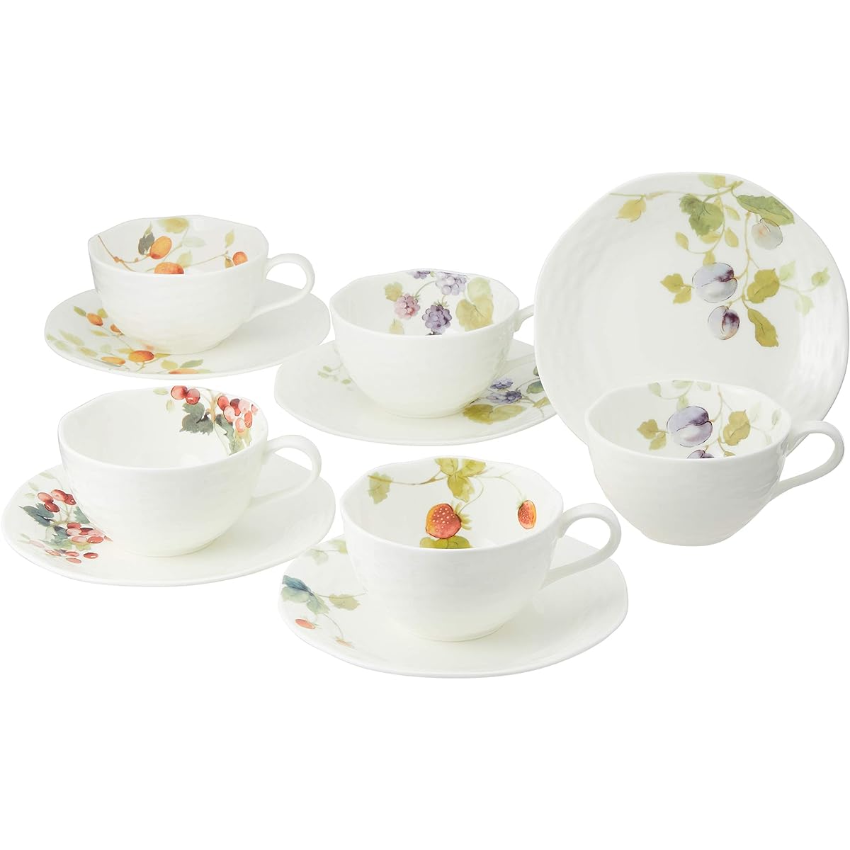 NARUMI Cup Saucer Set, Lucy Garden 210cc, Berry Pattern, 5 Pattern Set, Cute, Stylish, Relief, Tea, Coffee, Microwave Warming, Dishwasher Safe, Gift Box Included 96010-23067P