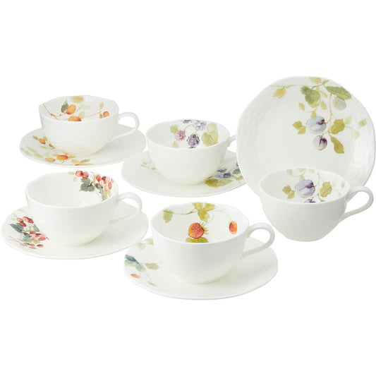 NARUMI Cup Saucer Set, Lucy Garden 210cc, Berry Pattern, 5 Pattern Set, Cute, Stylish, Relief, Tea, Coffee, Microwave Warming, Dishwasher Safe, Gift Box Included 96010-23067P