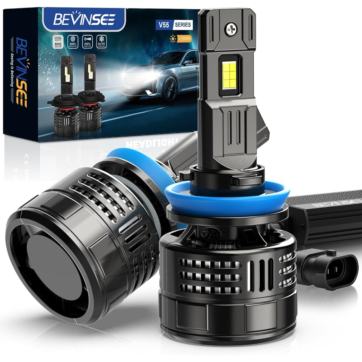BEVINSEE V55 H11 LED headlight valve 28000LM 700%brightness H8 H8 LED headlight 150W 6000K White H11 LED conversion kit CANBUS compatible halogen replacement