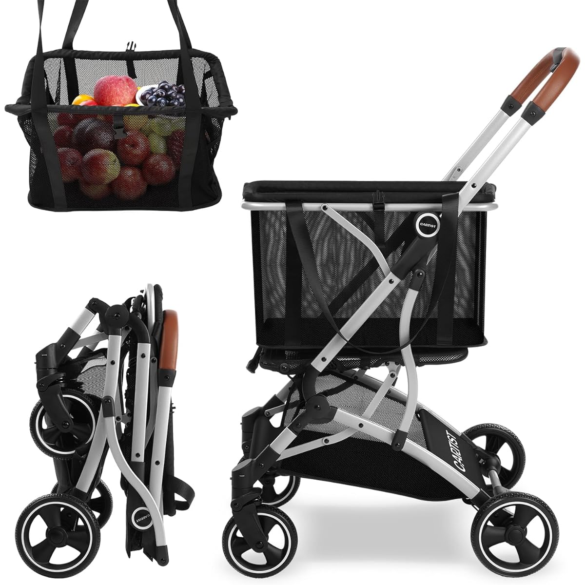 Cartist Shopping Cart, Carry Cart, Seafood Cart, Compact, Foldable, Lightweight, 4 Wheels, Shopping, Stylish Cart, Dolly (Black)