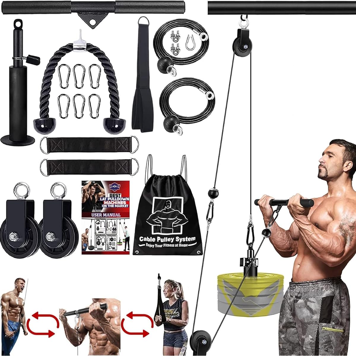 Fitness LAT Pulldown and Lift Pulley System with Cable DIY Pulley Cable Attachment for Gym Pulldown Machine Triceps Extension Workout Bicep Curl Back Forearm Shoulder