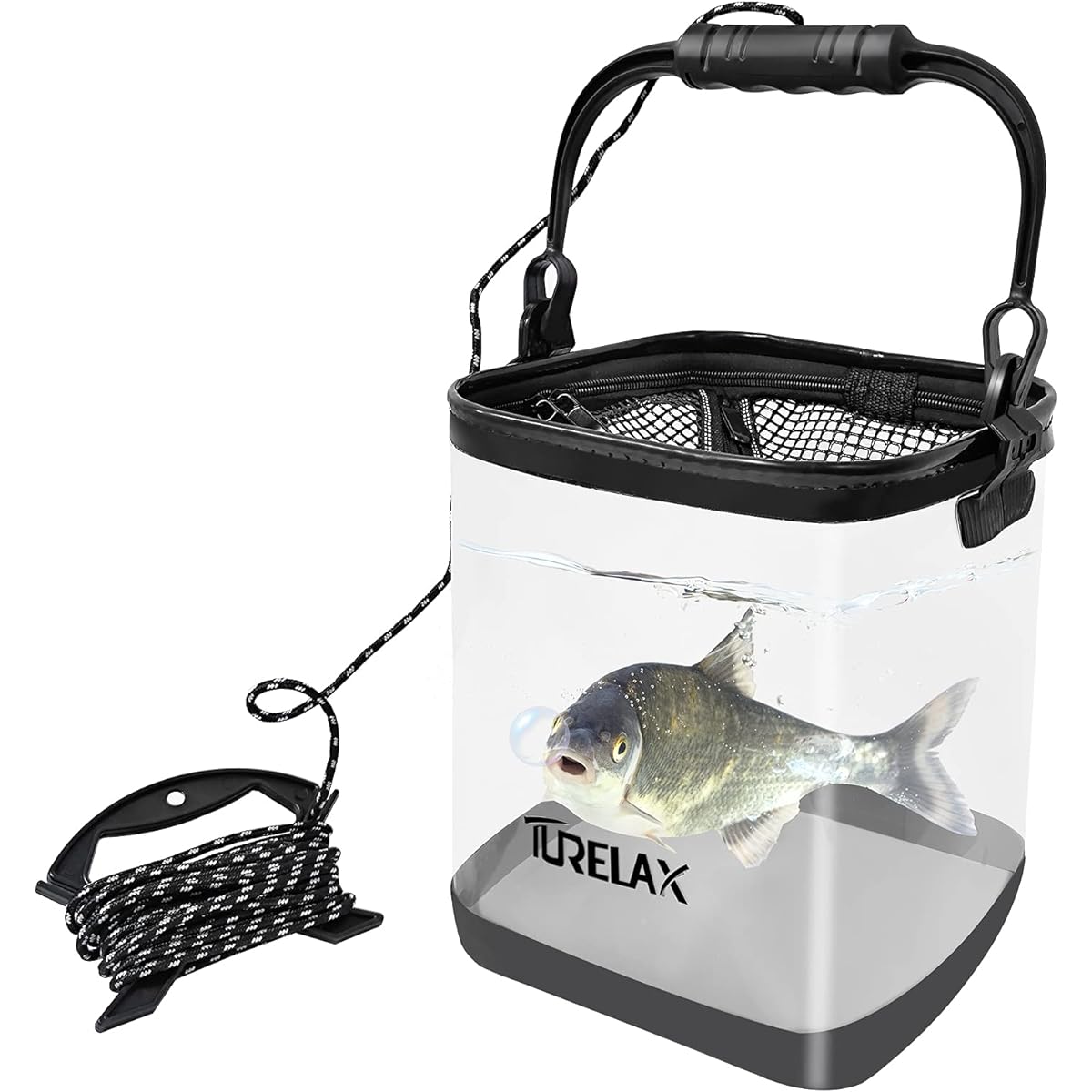 TURELAX Fishing Bucket, Transparent Folding Bucket, Compact Water Bumper, 16L, 25cm, Contents Visible, Mesh Cover, Holder Included, Non-Slip Bottom, Lightweight EVA Material