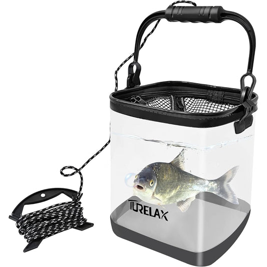 TURELAX Fishing Bucket, Transparent Folding Bucket, Compact Water Bumper, 16L, 25cm, Contents Visible, Mesh Cover, Holder Included, Non-Slip Bottom, Lightweight EVA Material