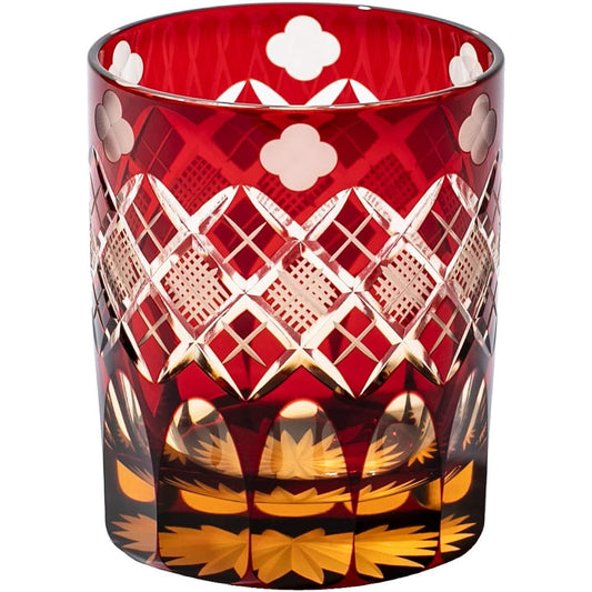 [Taimuro Kobo Official] Edo Kiriko Quatrefoil with Yarai Fish Crest Old Glass (Amber Red) TB94429AR Wooden Box Made in Japan