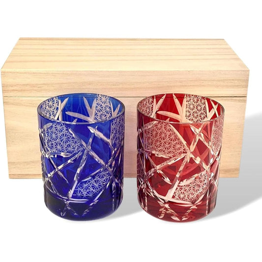 Rurumi Kiriko Pair Glasses, Paulownia Boxed Rocks Glasses, Dishwasher Safe, Pair Set, Special BOX Included, Anniversary Gift, Present