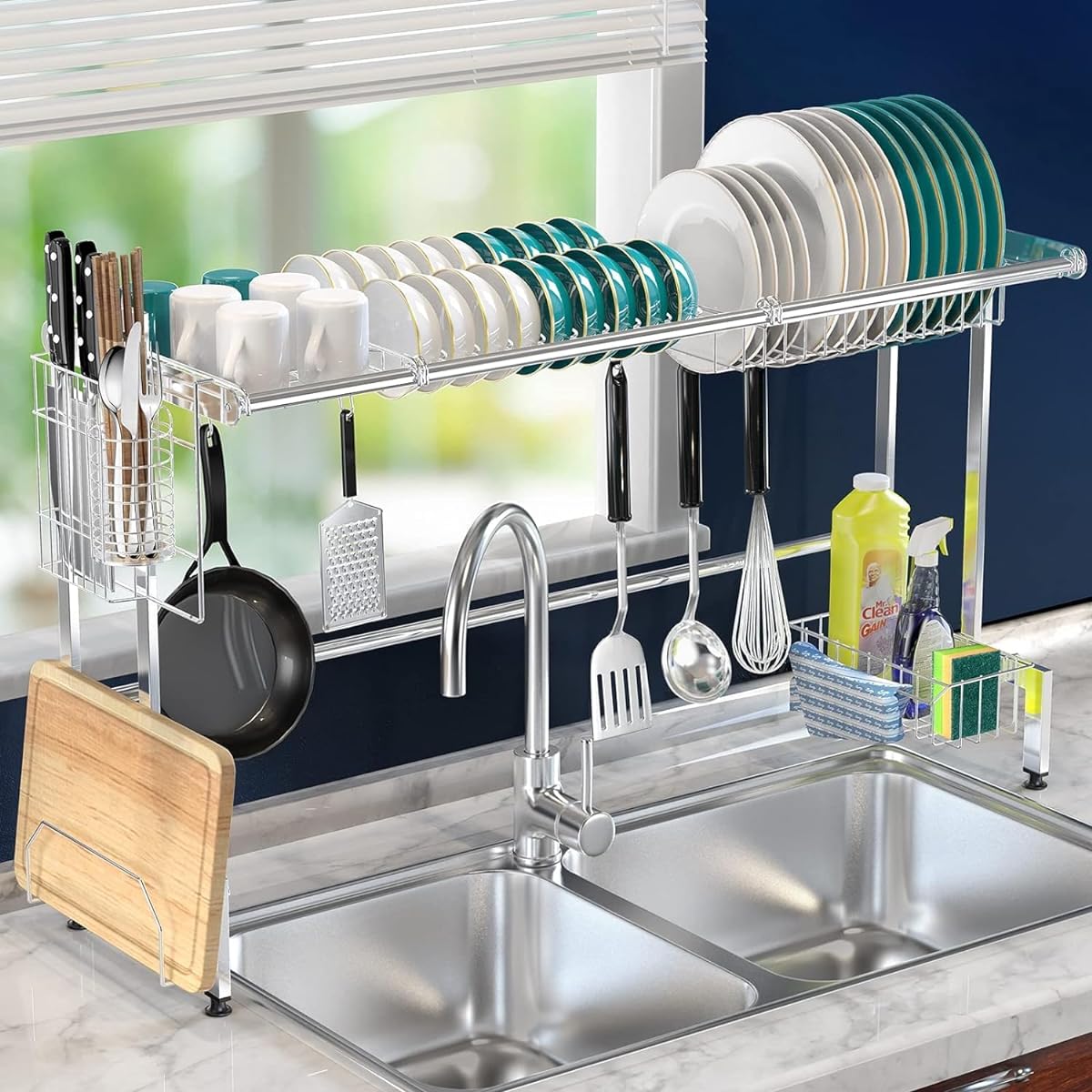 Dish drainer rack above the sink, extendable 50-90cm, stainless steel, tableware drainer, tension shelf, space-saving shelf above the sink, kitchen utensil holder, stainless steel, for kitchen storage counter organization, tableware storage box, extendab