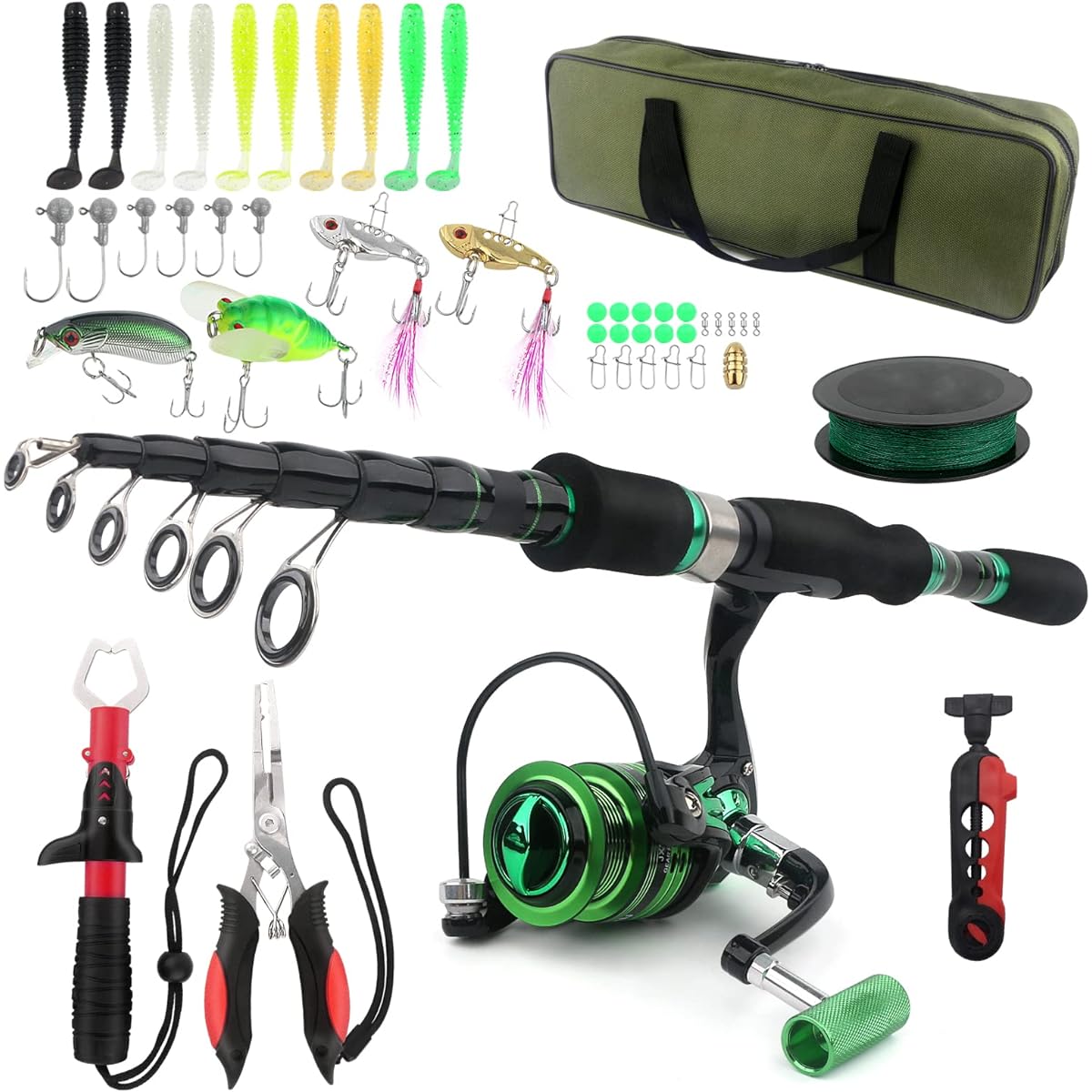 POPHEKO 2.1m Fishing Set, Sea Fishing Set, Telescoping Fishing Rod, Compact Rod, 5-Piece Fishing Rod Set, Small Throw Fishing, Beginner Set, Carbon Rod, Spinning Reel, Lure Set, Fish Grabber, Fishing Pliers, Fishing Line, Line Winder, Storage Bag Include