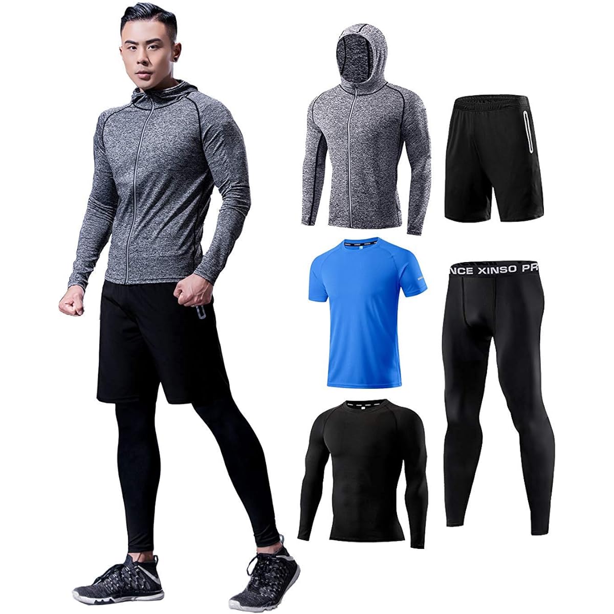 [Amyni] Men's Fitness Training Compression Shirt Training Wear Men's Compression Wear 5 Piece Set Sportswear Tights Parka Shorts Short Sleeve Long Sleeve Running Wear Sweat Absorbent Quick Drying [M Size]: Recommended Height 165-170cm; Recommended Weight