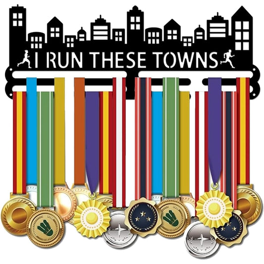 SUPERDANT Medal Holder Running Marathon Medal Display Motivational Quotes I Run These Town Black Iron Wall Hook Competition Medal Holder Display Wall Hanging