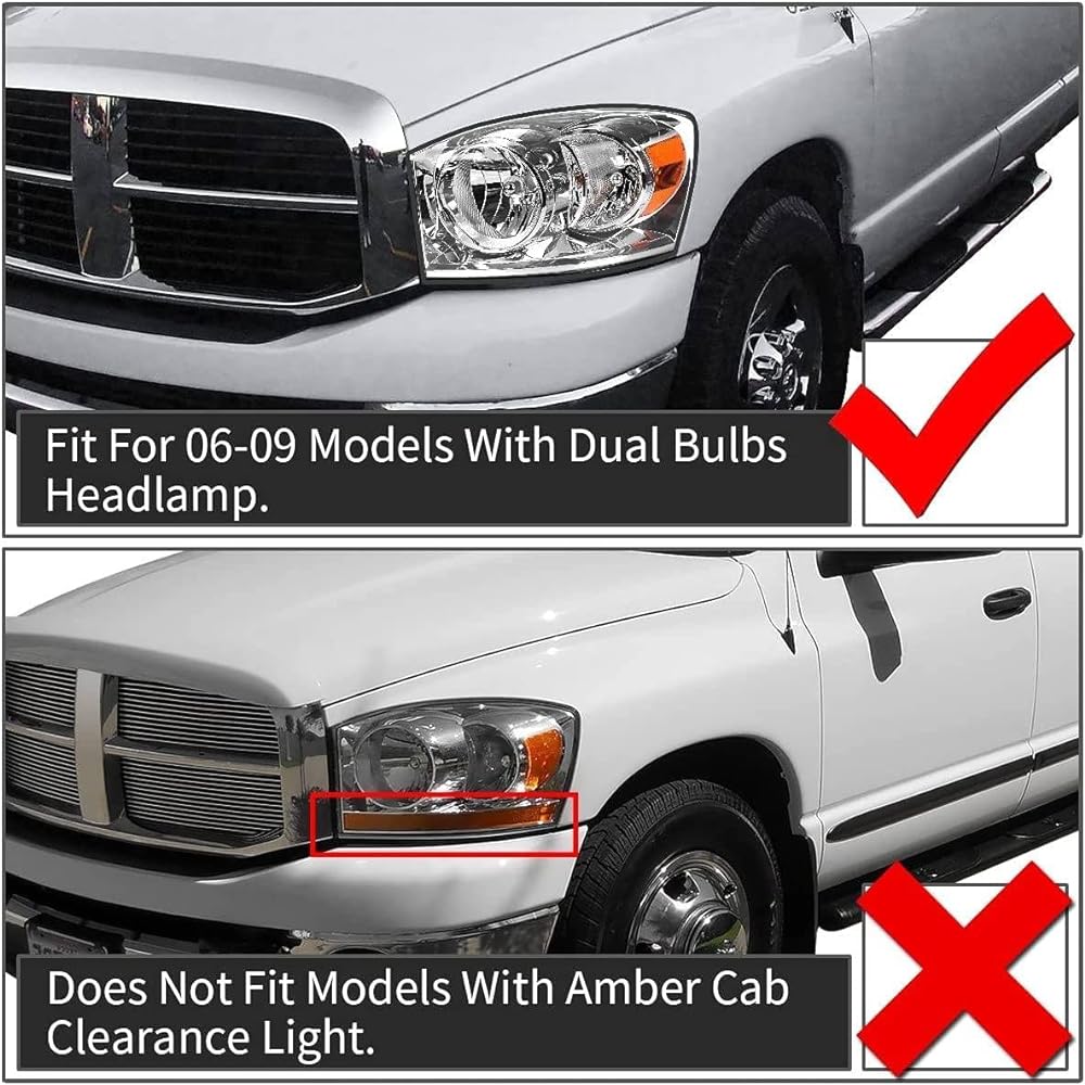 Adcarlights 2006-2009 DODGE RAM Headlight Assembly 2006-2008 DODGE RAM 1500/2006-2009 DODGE RAM 2500 3500 Clear Lens Crome Housing Amburid Frector Head Lamp replacement left and right