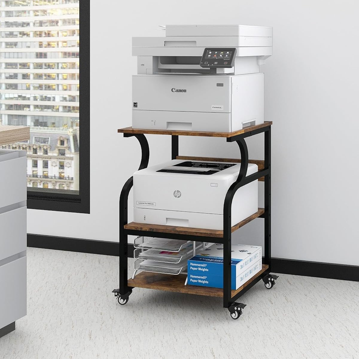 PUNCIA 3 Tier Printer Stand Width 60cm Depth 50cm Height 73cm Wagon with Casters Printer Rack Storage Shelf Large Printer Stand Space Saving Printer Shelf Under Desk Storage Wooden Rack Easy to Install 100kg High Load Capacity Office/Home