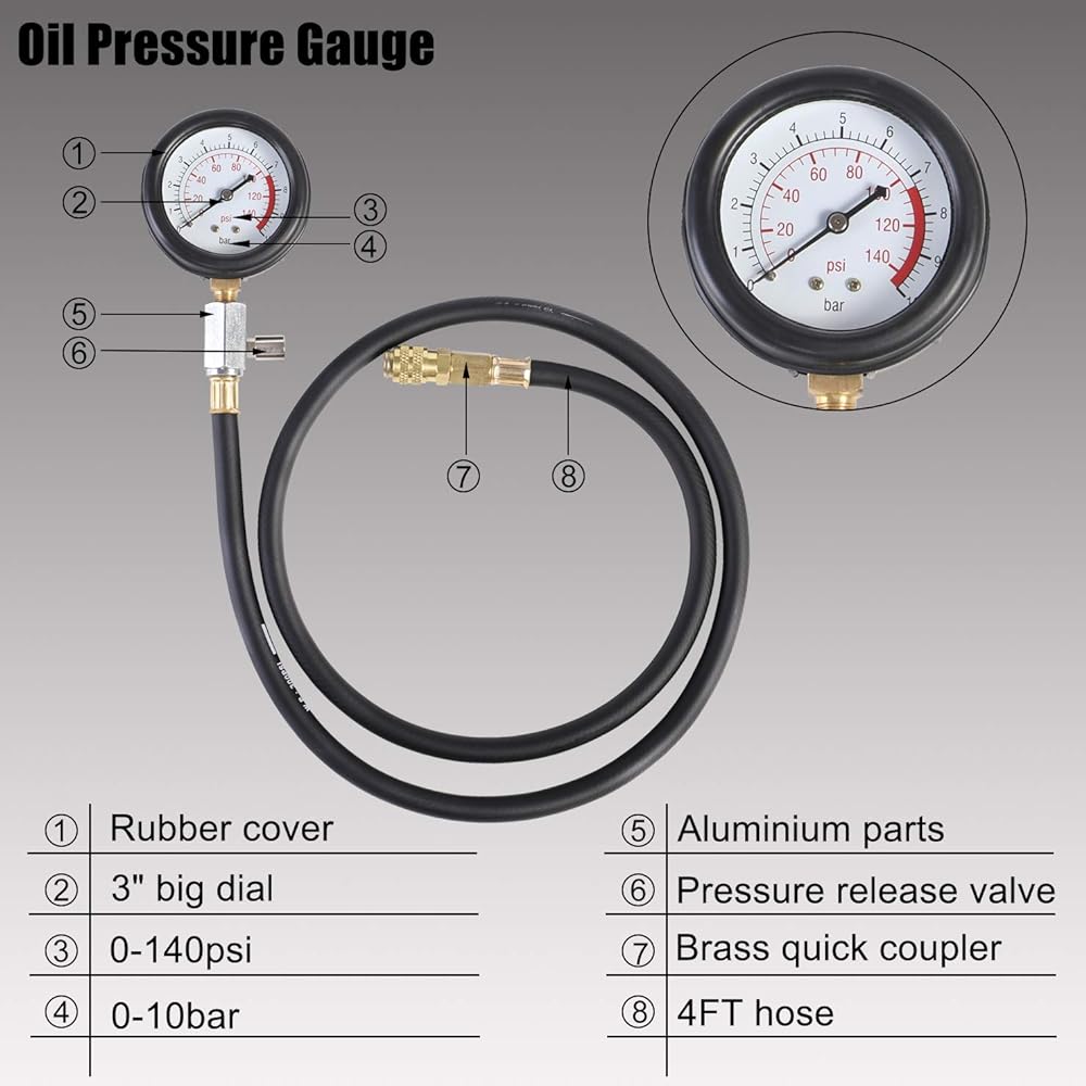 N / A YSTOOL Oil Pressure Tester Kit Professional Oil Pressure Gauge Tool Engine Diagnosis Test Hose Adapter and Carry Case ATV Truck 0-140PSI use