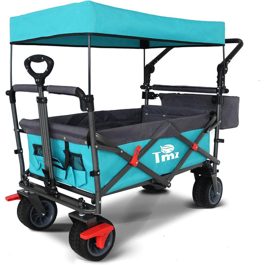 TMZ Folding All Terrain Garden Vehicle, Outdoor Camping Camping Vehicle, Removable Roof, Telescoping Pull Rod, Multi-Speed Adjustable Push Rod, Patented Rear Wheel Swivel Folding Vehicle, 100L Max Load 120KG (Beige/Green )