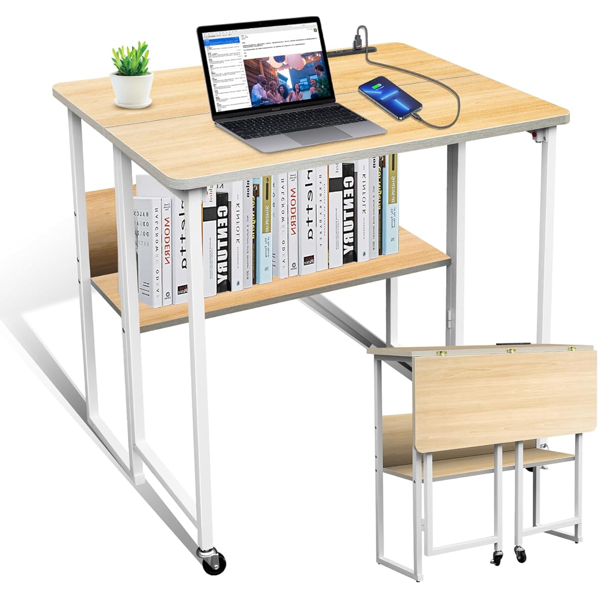 Folding Desk USB Rechargeable Width 80 Depth 53 Height 75cm Multifunctional Space Saving Desk Load Capacity 80kg Office Desk Compact Desk (White)