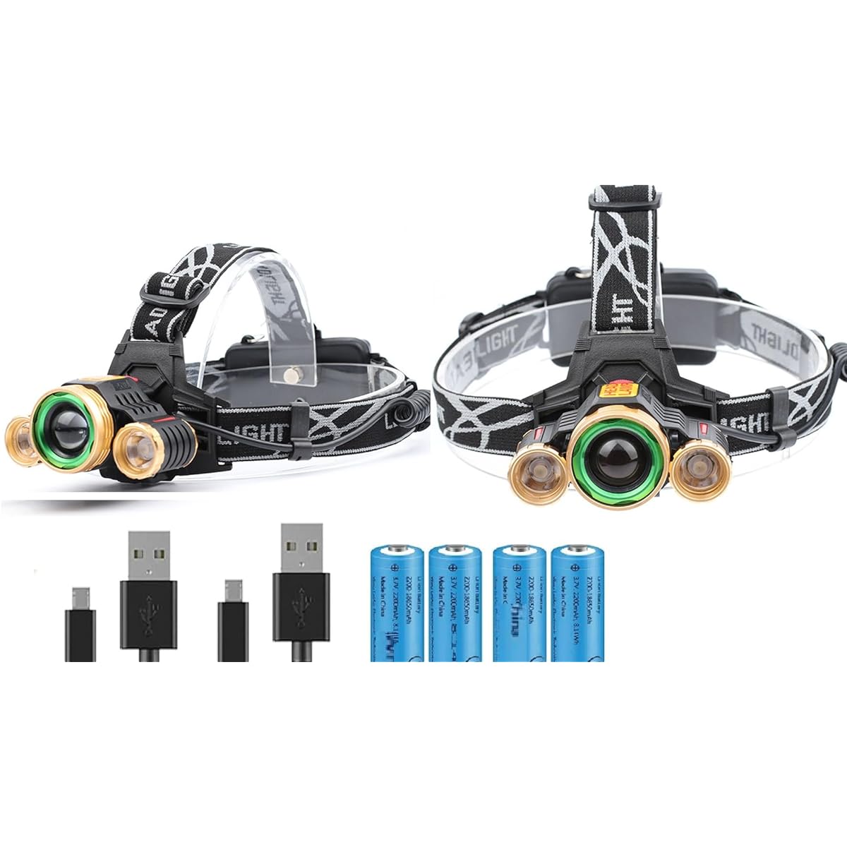 Set of 2 Headlights, USB Rechargeable, Bright, Amount, Waterproof, Illumination Angle Adjustment, Remaining Level Indicator Function, Ideal for Headlights, Mountaineering, Camping, Walks, Night