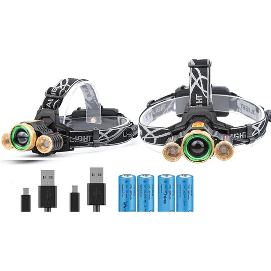 Set of 2 Headlights, USB Rechargeable, Bright, Amount, Waterproof, Illumination Angle Adjustment, Remaining Level Indicator Function, Ideal for Headlights, Mountaineering, Camping, Walks, Night