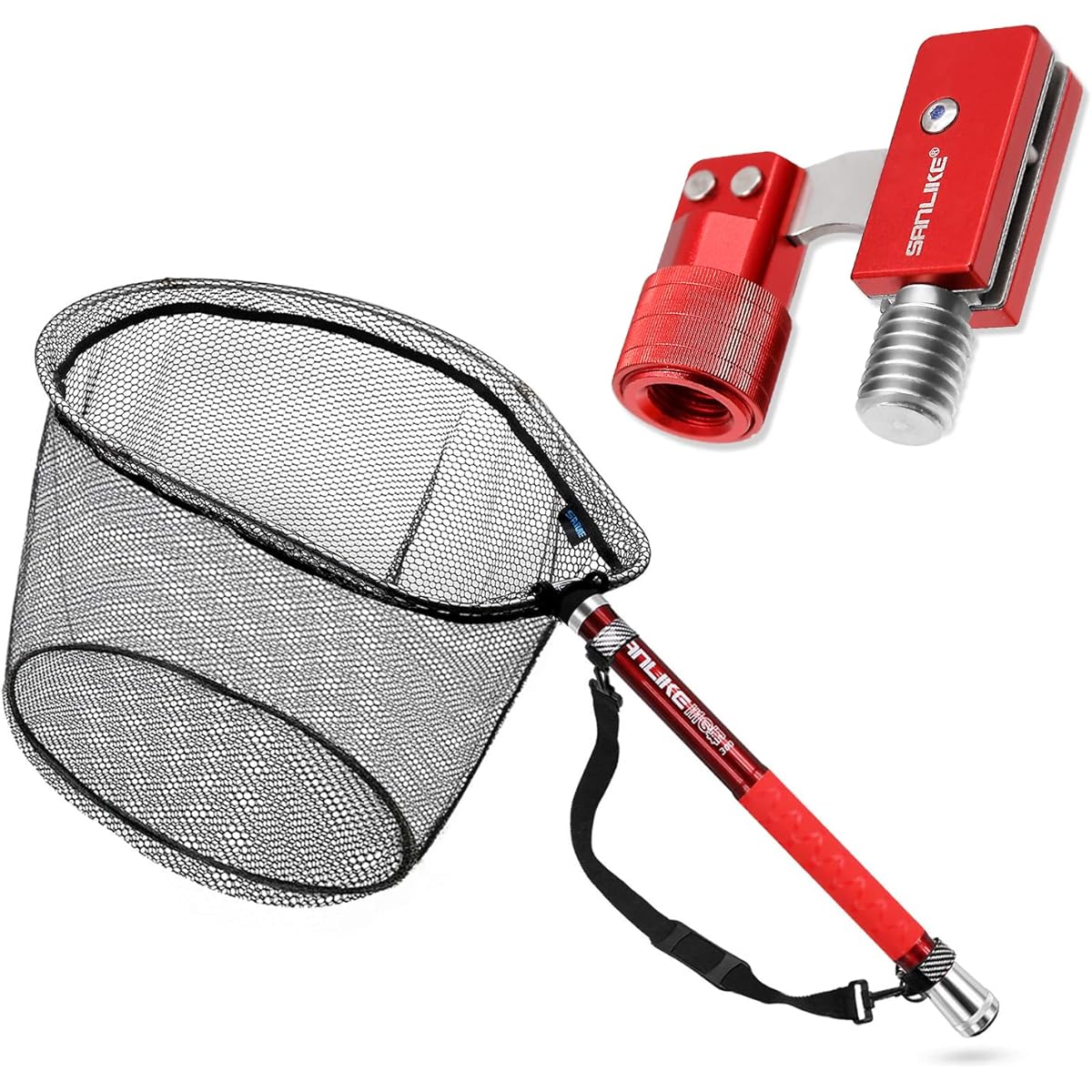 SANLIKE Tamo Net, Telescopic 3 Piece Set, Made of Carbon, 3m/5m/6m Landing Net, Fishing Net, Ball Net, 9 Levels, Small Tsugidama Pattern, Oval Shape, 40cm Net Depth, Red & Black, 3m, 5m, 6m