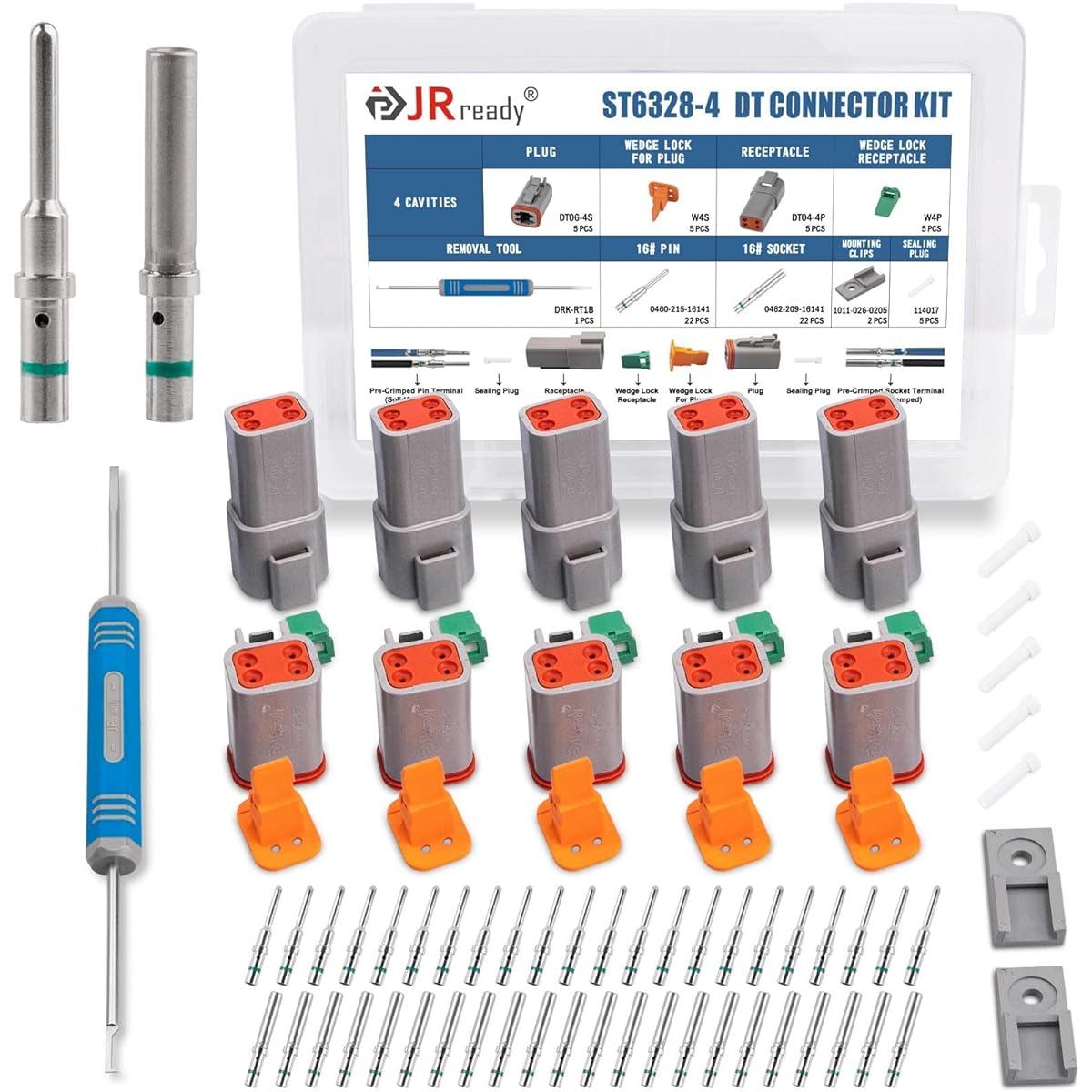 JRREADY ST6328-4 Pinway DEUTSCH DT series connector 5 kit 5 kit 14-20 AWG Waterproof electric wire removal tool DRK-RT04-4P DT04-4S DT connector kit (4 pinway)