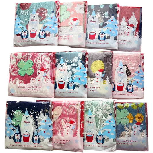 Christmas Package Towel Handkerchief Gift Set of 12 Colors and Patterns Wrapping Bag Hagiwara Towel Fluffy Handkerchief Snowman christmas-package-th12p (Set of 12 Assorted)