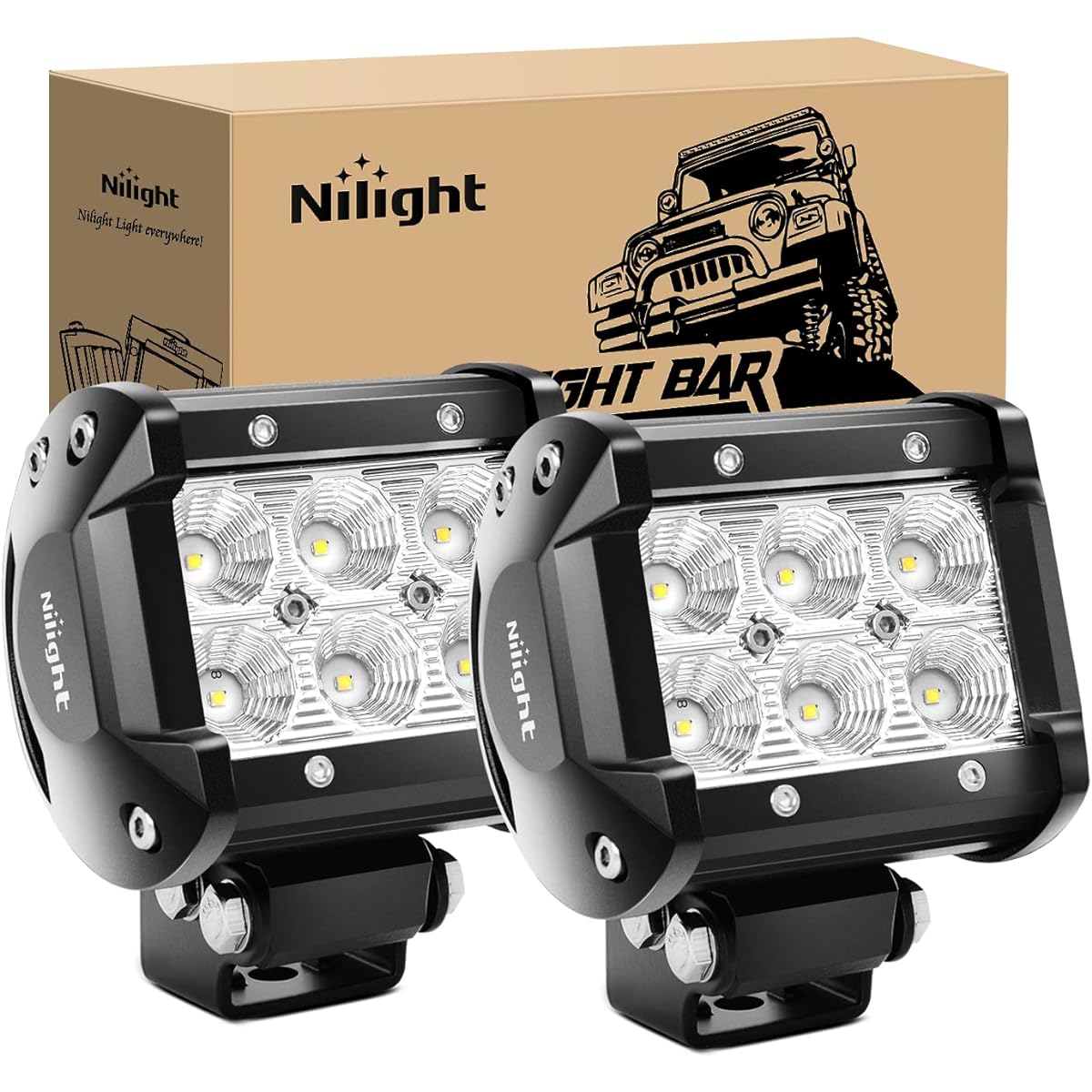 Nilight LED Light Bar 2pcs 18W 4" Flood Powered Fog Light Off Road Lights Boat Light Driving Light LED Work Light SUV Jeep Lamp,2 Year Warranty