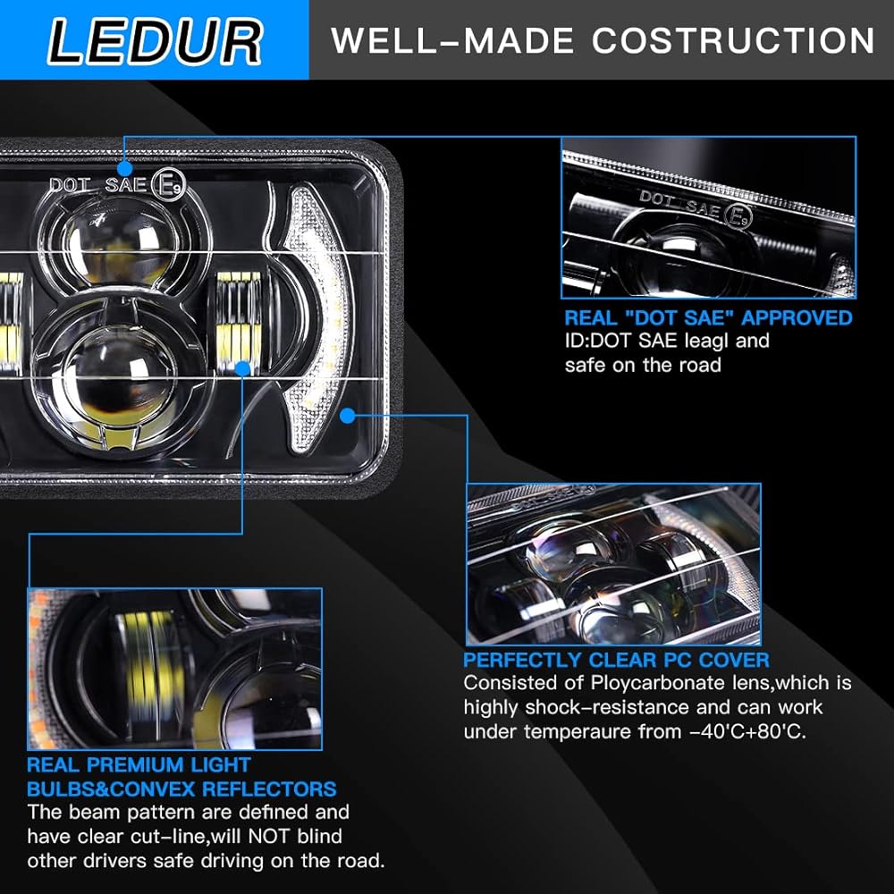 LEDUR 4X6 LED headlights 4 pieces HI/LO DRL Signal Black Track Rectangular LED headlight replacement parts H4652 H4656 H4656 H6545 KENWORTH FREIGHTLINE.