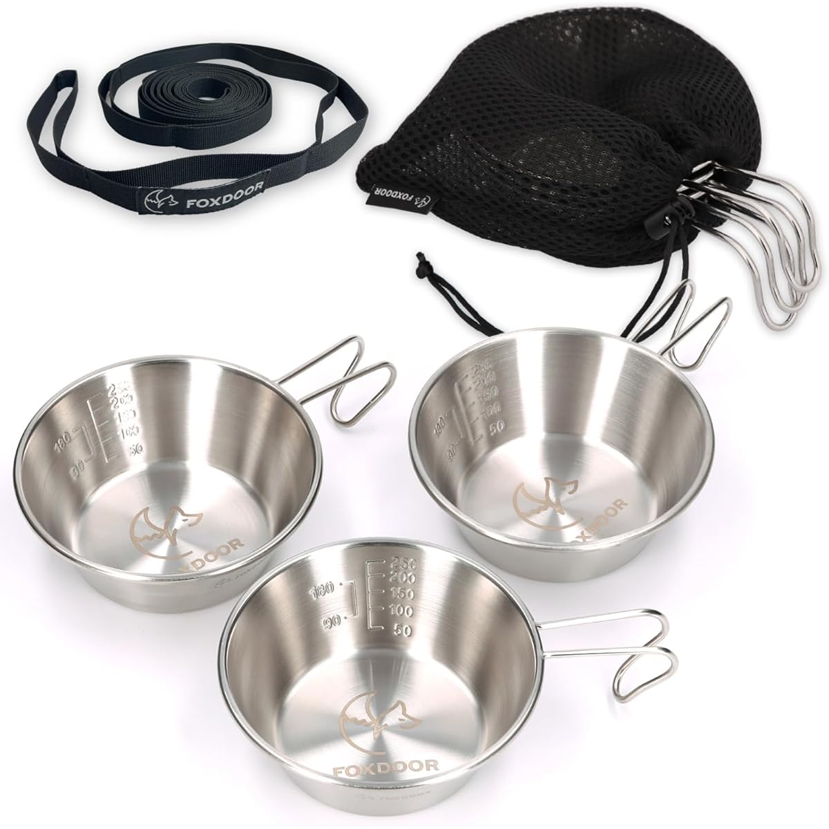 FOXDOOR Sierra Cup Set, Set of 2, Set of 3, Set of 4 with bonus (hanging chain) Compact with storage bag Stainless steel Outdoor Camping BBQ Family 280ml