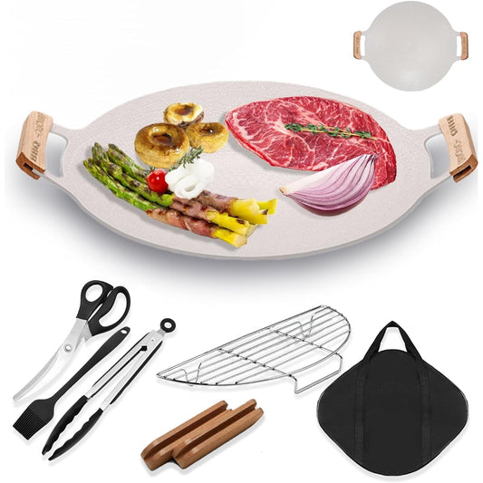 Iron Plate Multi Griddle Compatible with IH/Gas/Open Fire, Diameter 30/33/36CM, No Seasoning Required, Non-stick, Solo Camping, Yakiniku Plate, Outdoor Camping Griddle Pan, Fluorine Coating, Lightweight BBQ Equipment (3 Piece BBQ Tool Set + Oil Rack + Wo