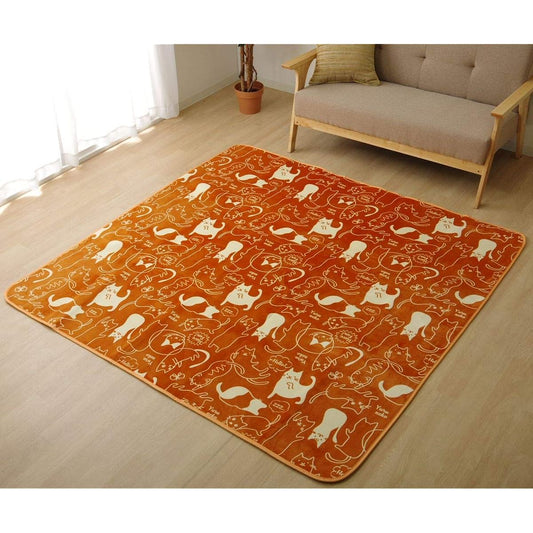 Rectangular Cat Pattern Washable Chewy Touch Carpet "Minya" [IB] Approx. 200 x 250cm Orange (#5672239) Hot Carpet Cover Rug