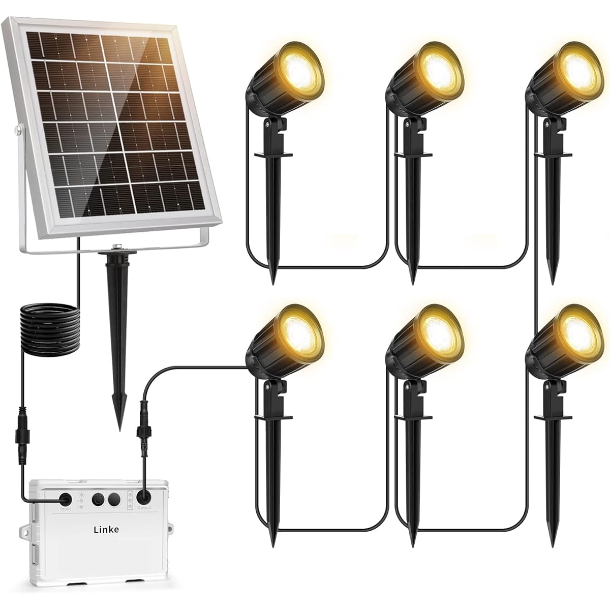 Garden Light, Solar Rechargeable, 6 Lights, Upright Spotlight, Outdoor, 1,200 LM, IP66 Waterproof, Daylight White / Bulb Color/Daylight Switchable, 16 Hours Continuous Light, 6,000 mAh Lithium