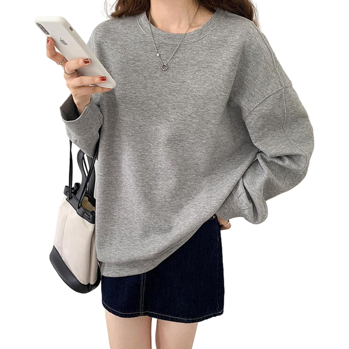 [xppe] Women's sweatshirt, tops, round neck, long sleeves, layered style, cotton blend, cut and sew, crew neck, loose, plain, cotton, soft, cute, fashionable, slimming, body cover, casual, commuting, office, fashion, daily, everyday wear, spring, fall, w