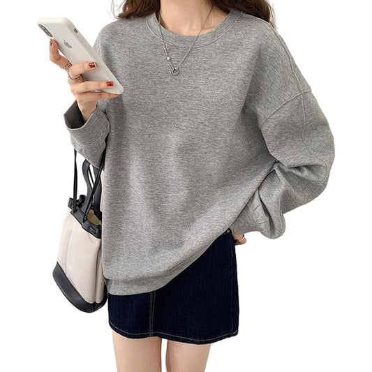 [xppe] Women's sweatshirt, tops, round neck, long sleeves, layered style, cotton blend, cut and sew, crew neck, loose, plain, cotton, soft, cute, fashionable, slimming, body cover, casual, commuting, office, fashion, daily, everyday wear, spring, fall, w