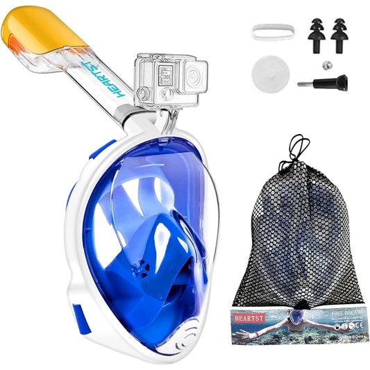 HEARTST Snorkel Mask, Waterproof Diving Mask, 180° Panoramic Sea View, Full Face, Anti-Fog Design, Allows You to Breathe Freely, Diving Mask, Snorkeling Equipment, Sports Camera Mountable, Unisex, For Children