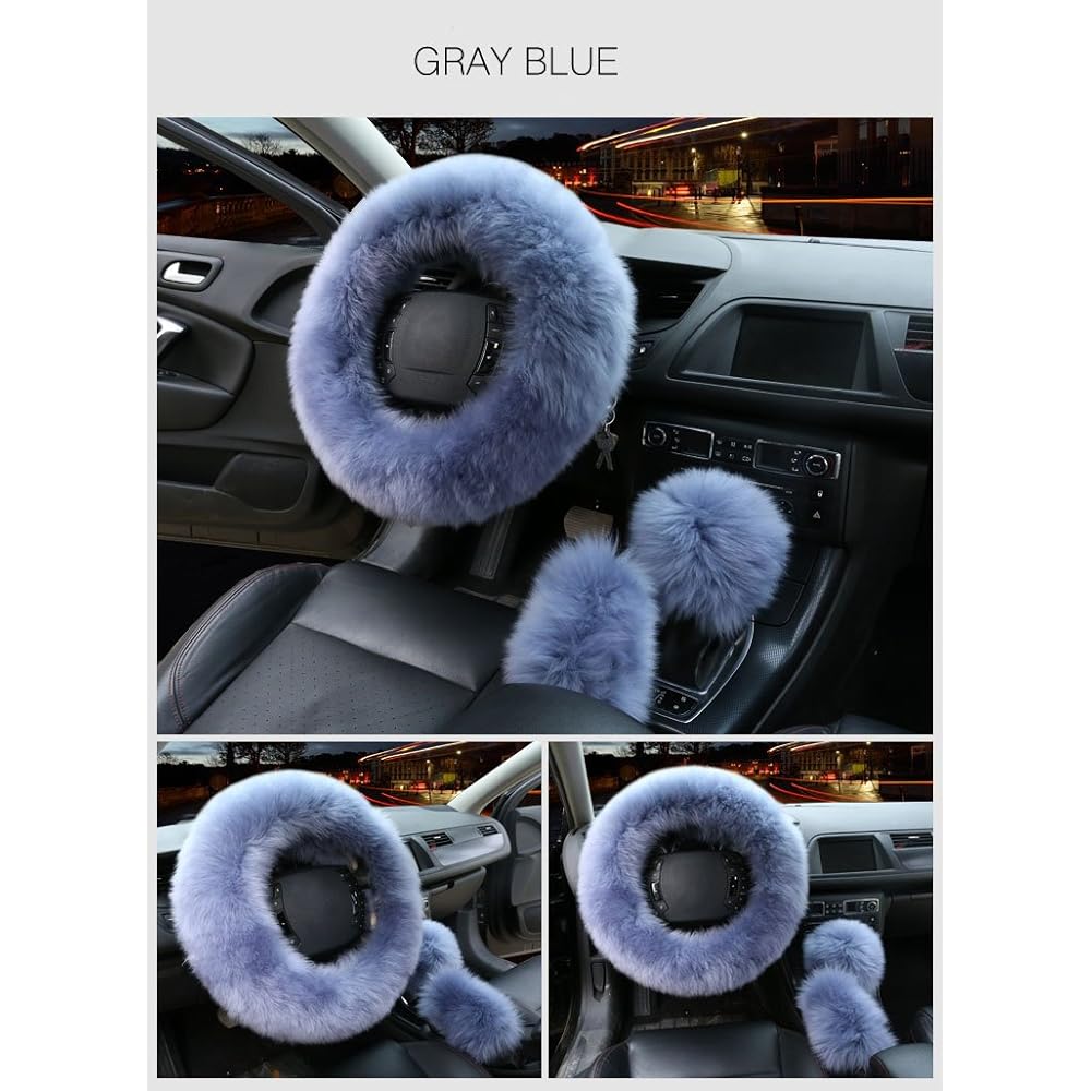Set 3 points Ladies Fashion Winter Winter Wool Furfur Soft Fur Steering Wheel Cover Gray Blue Fluffy Fluffy Hand Brake Gear Shift Cover Warm Slipping Card Conclusion Long Hair