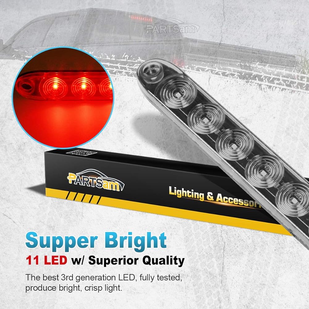 PARTSAM Clear Lens 2 pieces 15 inch red 11 LED Flange mount truck RV Stop Win Car Tail Lamp 3 Brake Light Bar Warning Light ID Bar