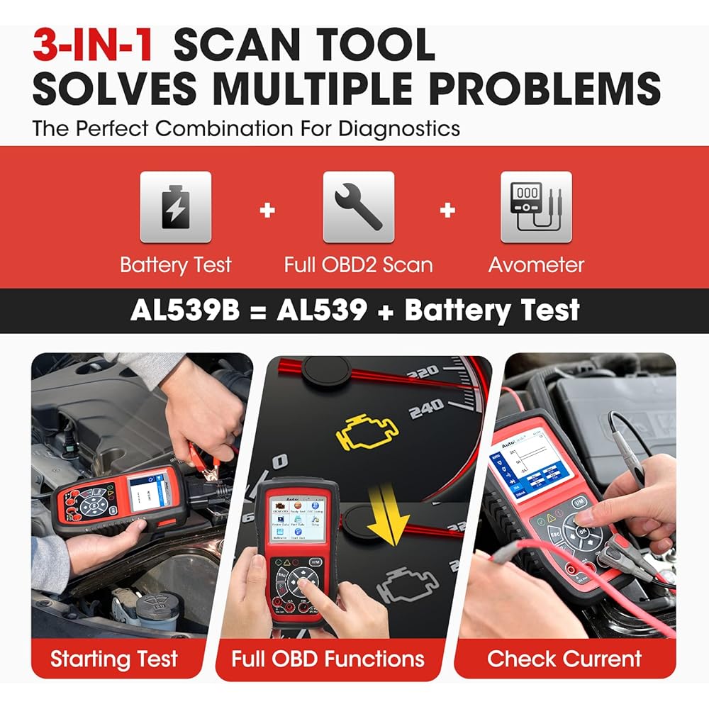 AUTEL AL539B OBD2 Scanner 3 Inn 1 Code Leader Battery Tester Avometer 12 Bolt Battery Diagnosis Circuit Start & Charging System Test