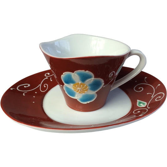Maruzen Iwata Shoten Kutani Ware Cup & Saucer Deco Flower Red was-301
