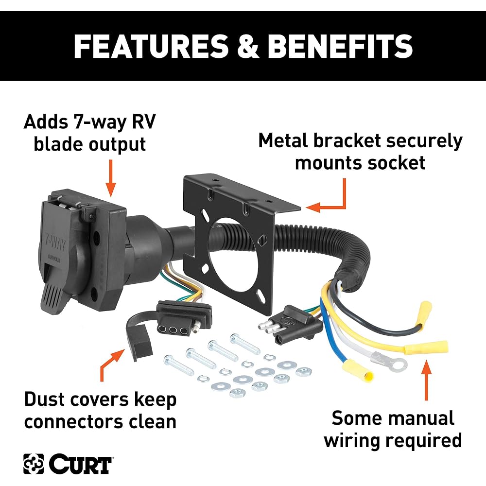 Curt 57672 Dual output 4 -way flat vehicle 7 -way RV blade Trailer wiring adapter black