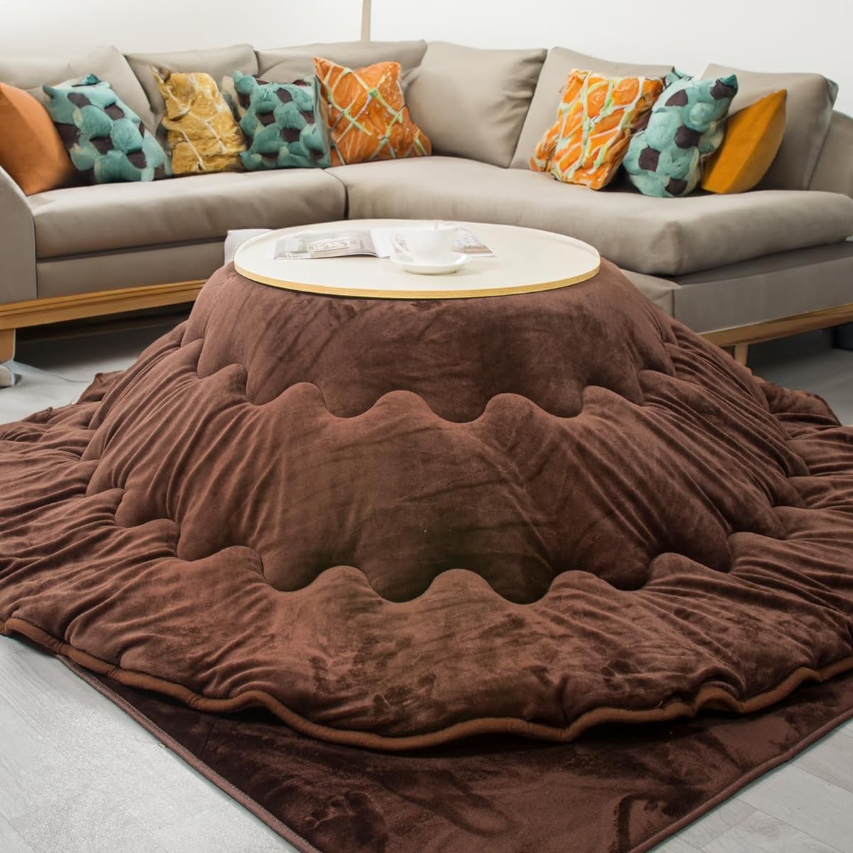 Peto-Raifu Round Kotatsu Comforter, Thin Thin Round Kotatsu Futon, Square Flannel Kotatsu Futon Comforter, Thin Kotatsu Futon, Warm Kotatsu Comforter, Space Saving, Simple, Plain, Brown, Diameter Approx. 205cm