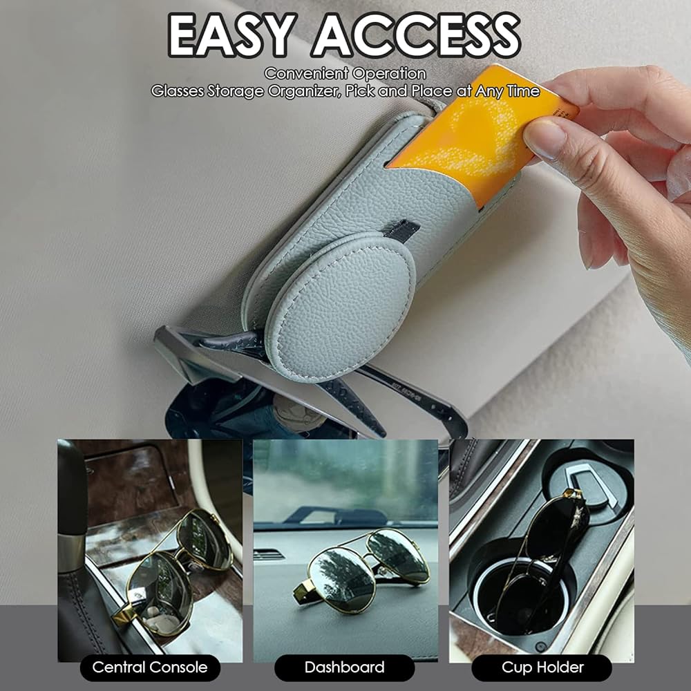 KEVANCHO Magnetic Sunglasses Holder Car Vizer Clip 2 Leather Car Glass Holder Visor Accessories Glasses Holder Glasses Storage Case (12-Gray)