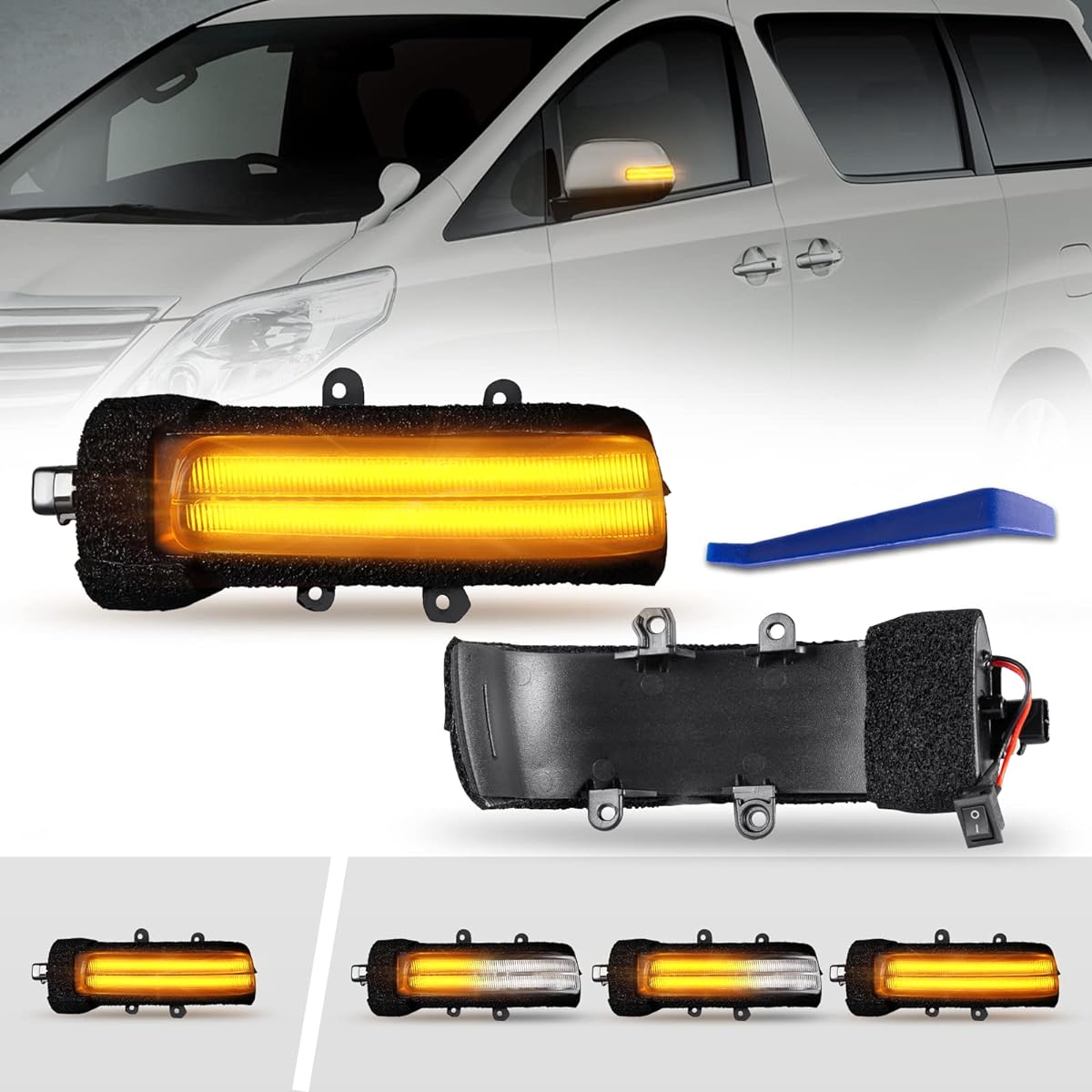 POPMOTORZ Alphard/Vellfire 20 Series Early and Late LED Door Mirror Sequential Turn Signals (Flowing / Fully Flashing, Switchable), Vehicle Inspection Compatible, Flowing Turn Signal, Door Mirror Turn Signal, For Toyota (Clear Lenses)