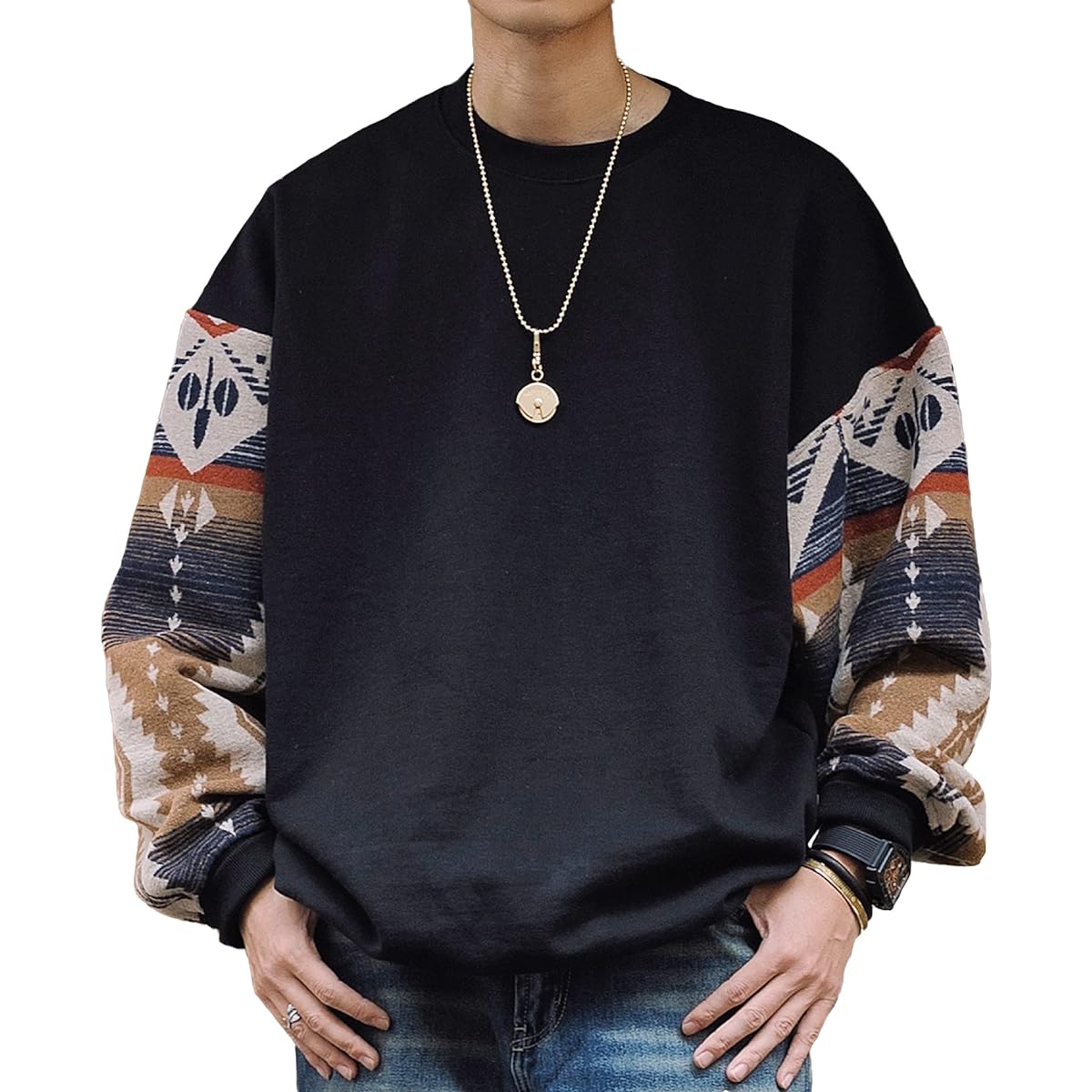 [CHANGE WELL] Men's "2023AW" American Fashion Retro Style Autumn Clothing [Sleeve Native Color] Big Silhouette Long Sleeve Pullover Sweatshirt