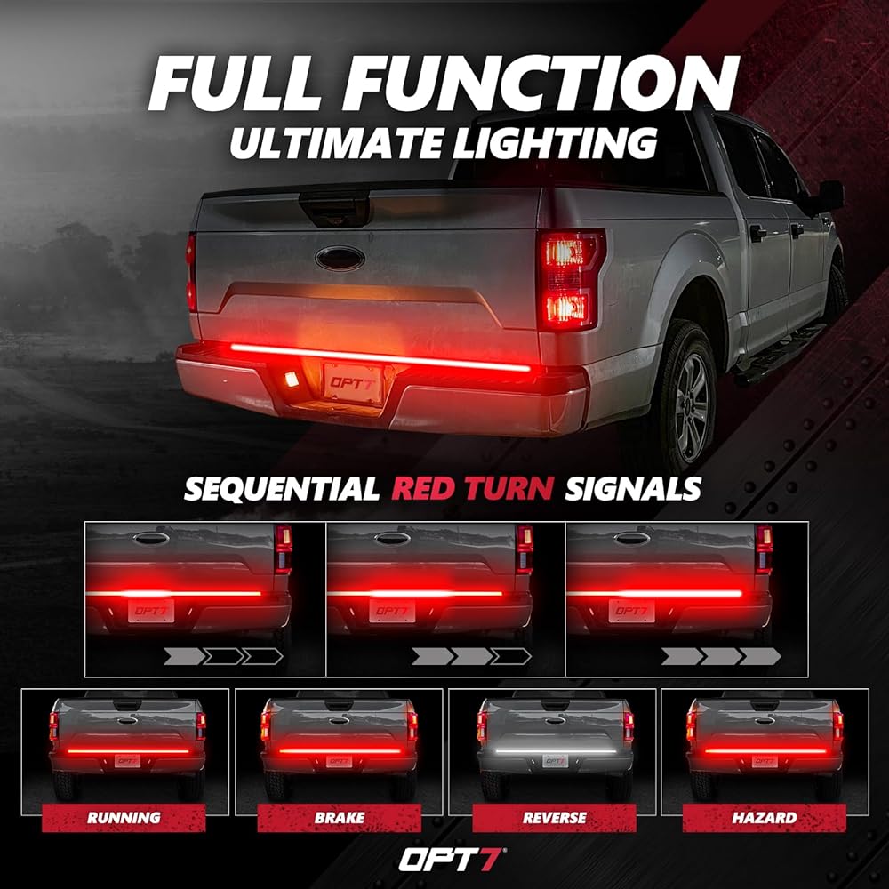 OPT7 60" Red Line 3 Row LED Tailgate Light Bar with Sequential Red Turn Signal - Weather Resistant Hard Aluminum Frame Light Strip for Trucks - No Drilling - Full Function Reverse Brake Running