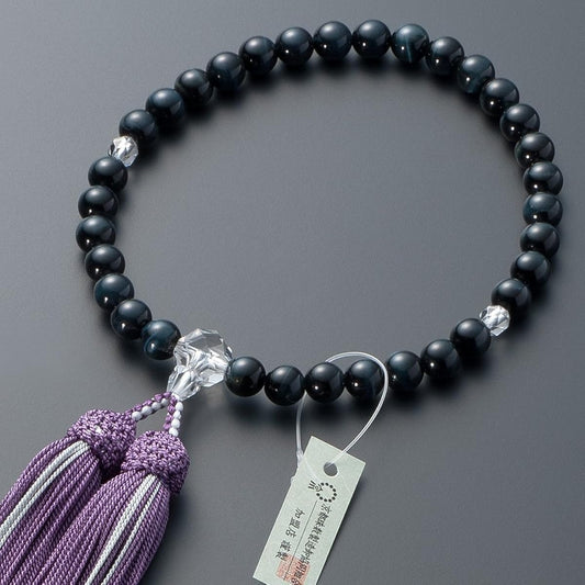 [Buddhist Altar Shop Takita Shoten] Kyoto Prayer Beads for Women, Blue Tiger Eye Stone, Cut Genuine Crystal, 8mm Beads, Pure Silk Head Tassel, Bead Bag Included, Can Be Used by All Sects, Certificate Included