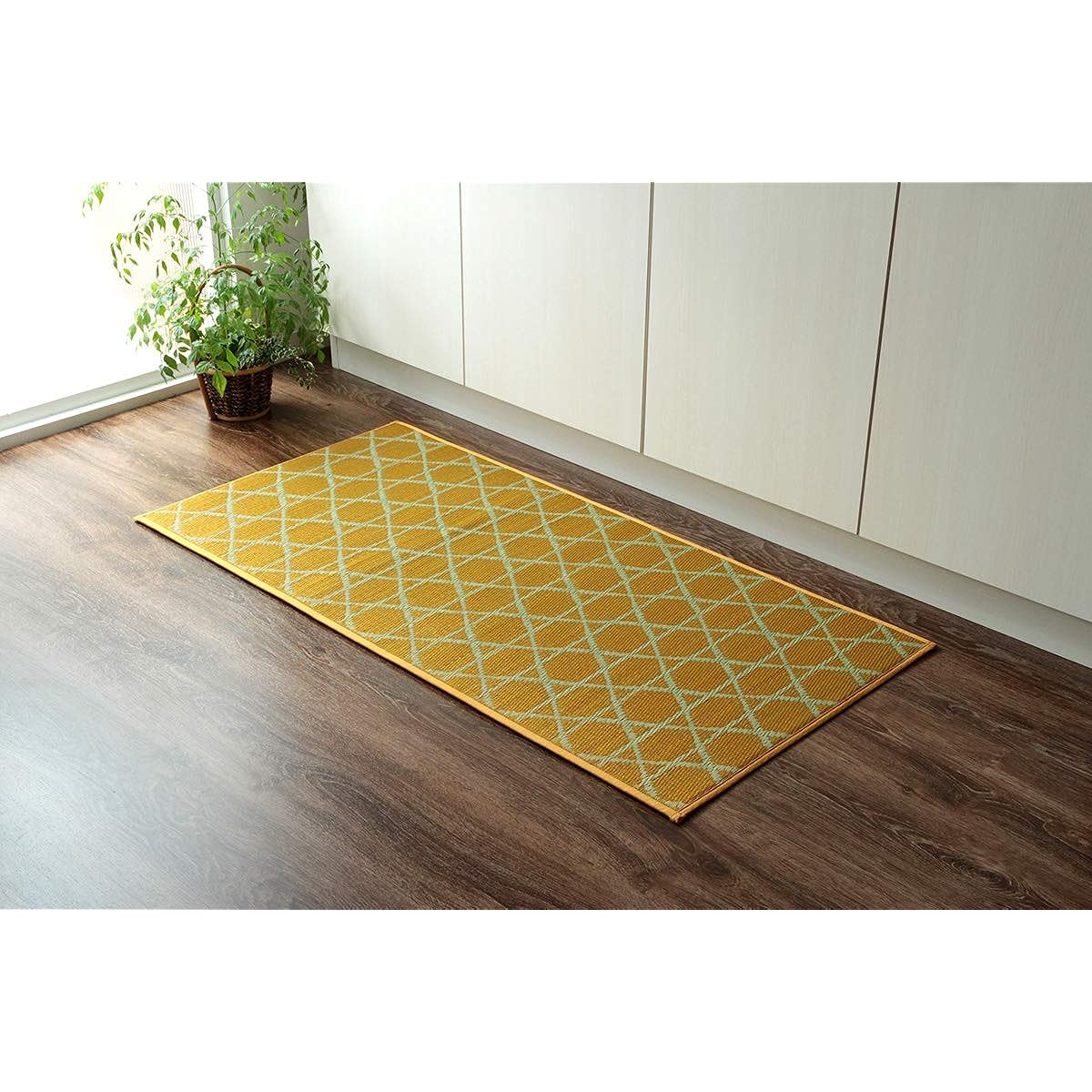 Ikehiko Corporation Igusa Mat Kitchen Mat Kagome Approx. 60 x 240cm Yellow Made in Japan Anti-Slip Processing Simple Japanese Modern #8243650