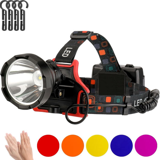 (Brighter Than Sunlight, Multi-functional Headlight) LED headlight for long distance irradiation, medium and large headlight, USB TYPE-C rechargeable, 2,000 M illumination distance, 9,000 mAh large