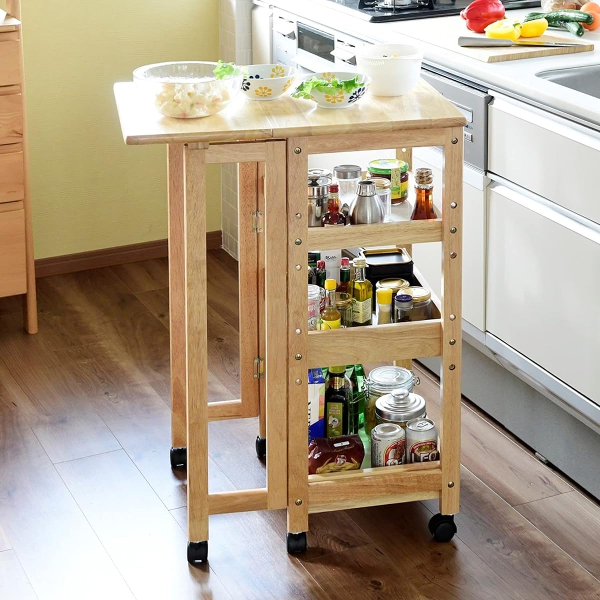 [Yamazen] Wagon with Casters, 3 Tiers (Folding) Kitchen Workbench, Width 45 x Depth 40/62 x Height 85 cm, Adjustable Shelf Height, Butterfly Table, Seasoning Rack, Assembly Product, Natural Wood ABW-8560(NA)