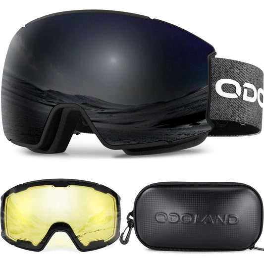 [Odoland] Ski Goggle Set, Lenses for Night Riding, Interchangeable Magnetic Lenses, 2 Layer Spherical Lenses, Mirror Lenses, Glasses Case Included, Anti-Fog, UV Protection, Men's and Women's Snow Goggles