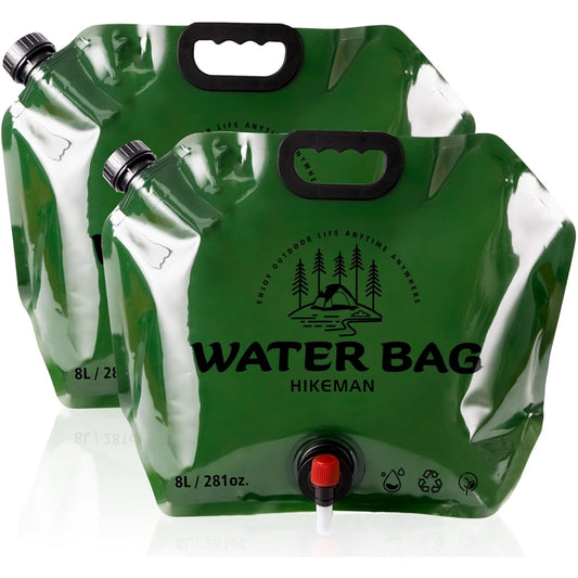 Water Jug Camping Water Tank Water Bag Rotary Cock with Water Level Confirmation Window Foldable 8L Large Diameter Large Capacity 2 Piece Set Free Standing Sturdy Outdoor Emergency Water Storage Disaster Prevention Fishing (Army Green Set of 2)